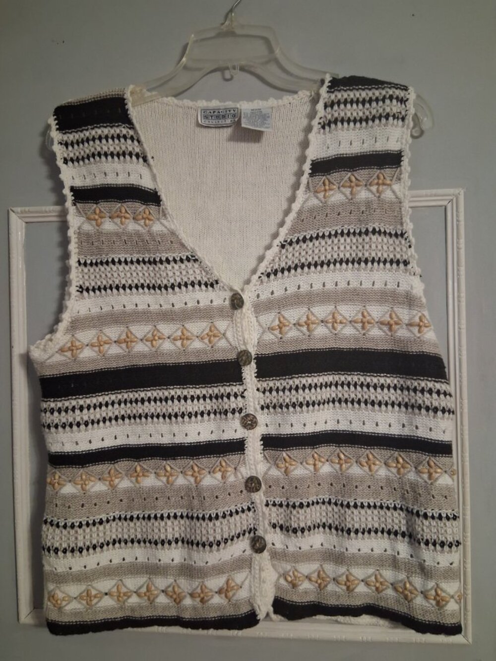 Vtg Capacity Sweater Vest Wooden Beads Stripe Black Tan M  Grannycore Teacher